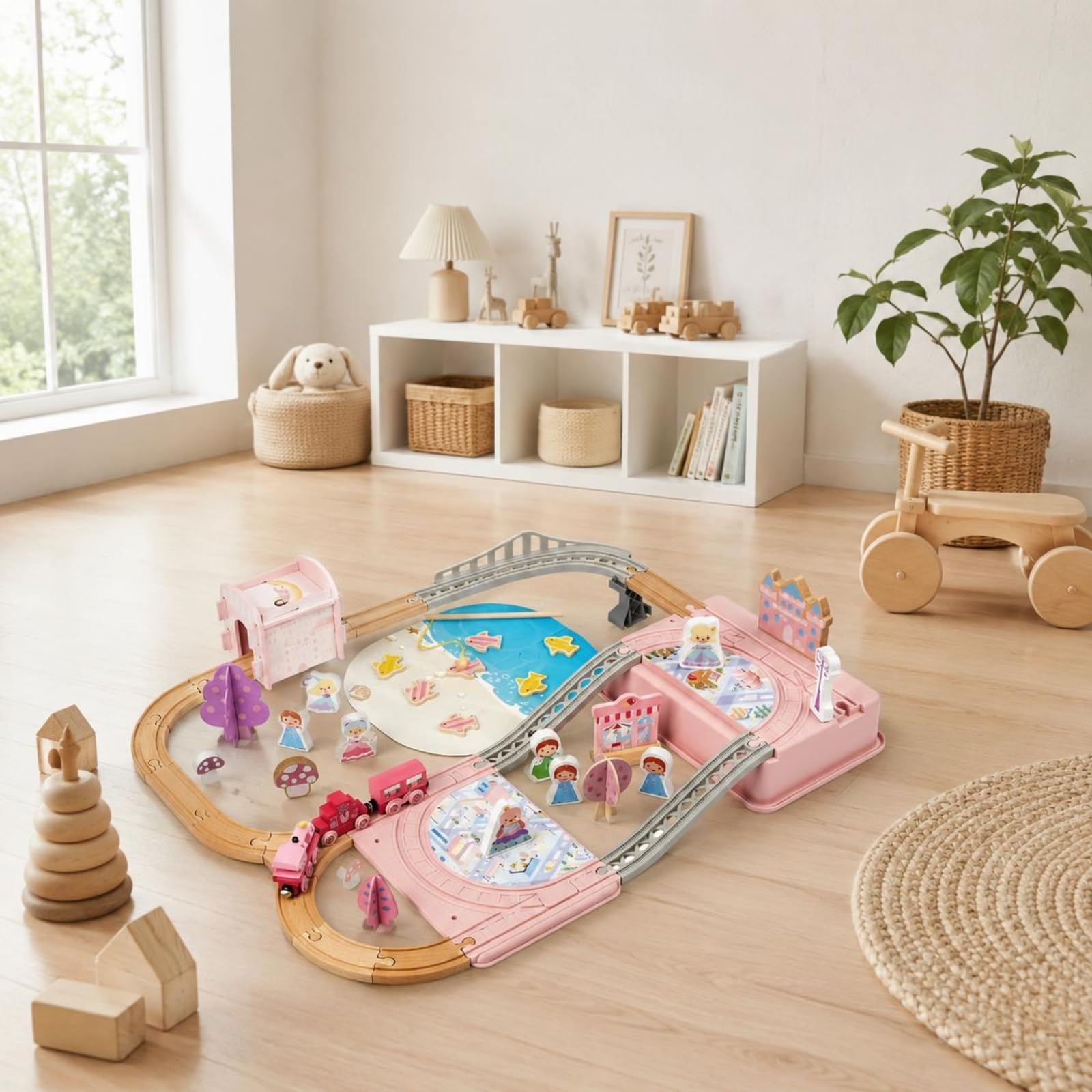 Juguetes de Construcción Infantiles Set de Tren Princesa Pista de Madera Ferrocarril Vagón Accesorios Escenografía con Resistente y Piezas Adecuado