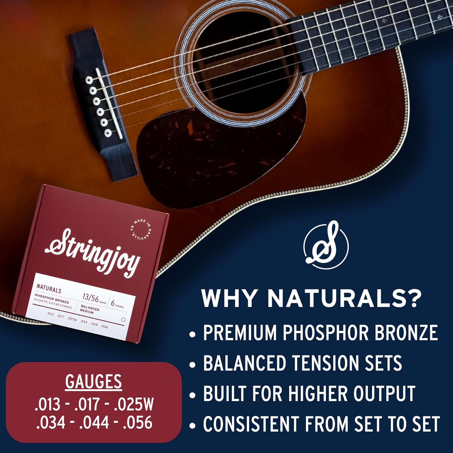 Stringjoy Naturals 13-56 Balanced Medium Gauge guitar strings – Phosphor Bronze Acoustic Guitar Strings - Powerful Tone and Balanced Feel, Acoustic 6 String Set, 2-Pack
