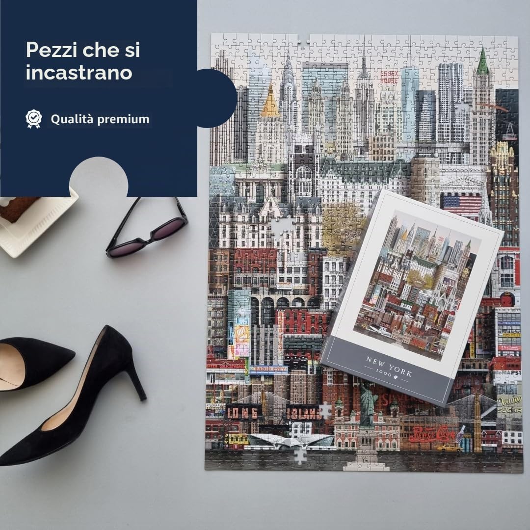 Martin Schwartz ApS - Puzzle da 1000 pezzi, motivo: città di New York, per adulti, con poster e lista degli edifici, 50 x 70 cm, cartone