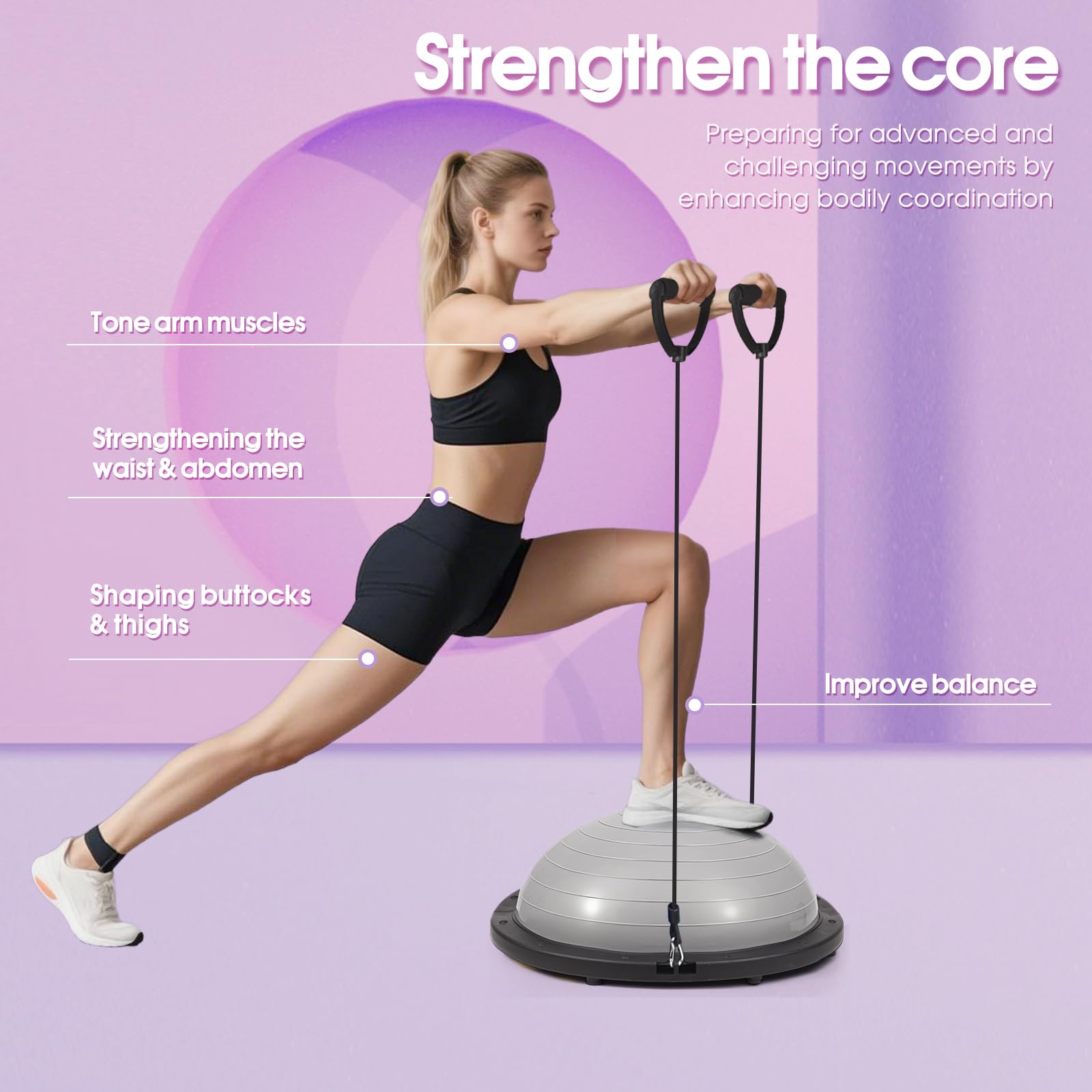 Half Balance Ball Trainer, 66 cm Stabilitätsball mit Widerstandsbändern, Gymnastikball mit Fußpumpe, Grau