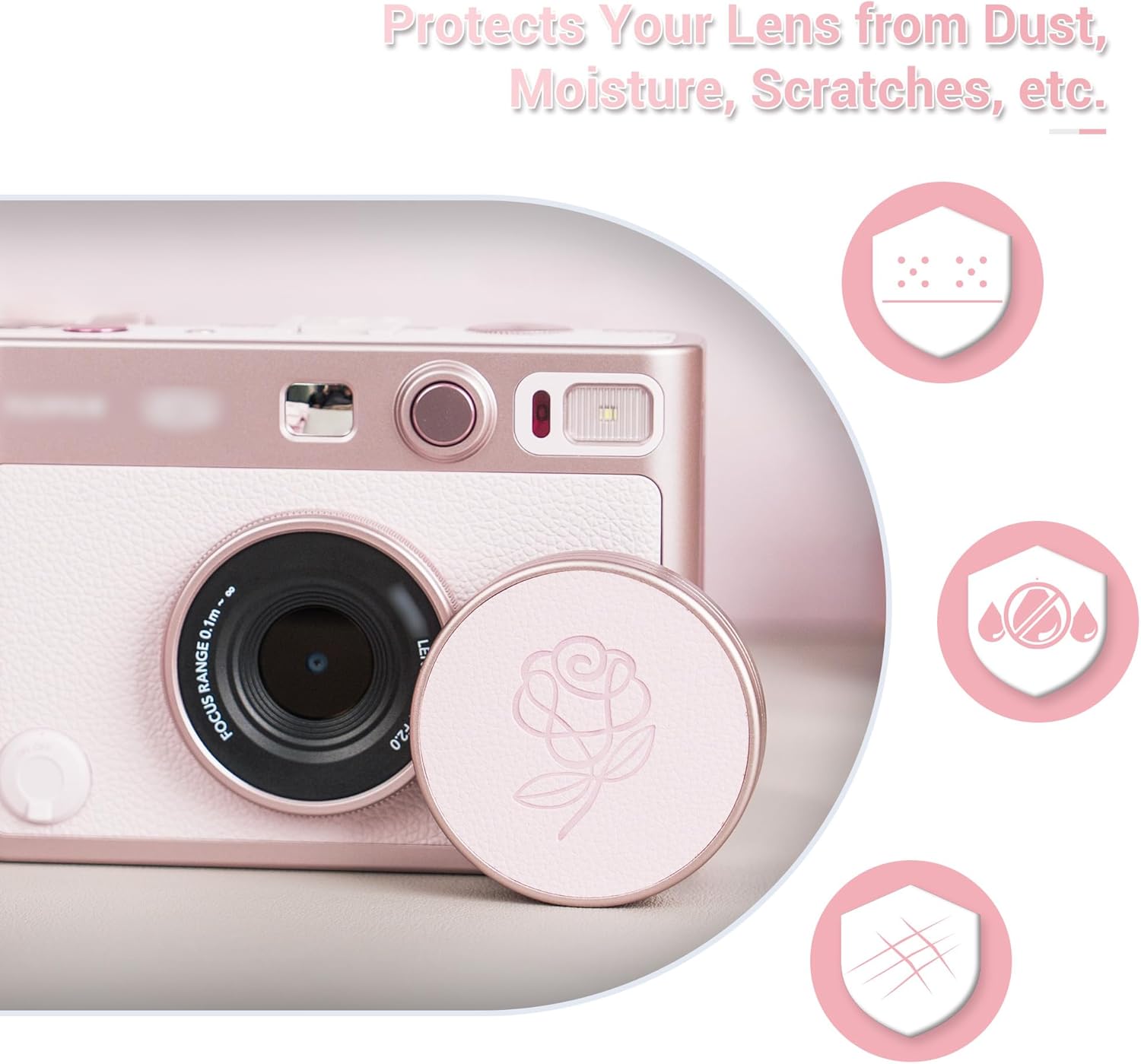 Pink Lens Cap for Fujifilm Insta Mini EVO, Retro Leather Aluminum Anti-Dust Anti-Scratches Lightweight Camera Lens Cover with Rose Pattern, Accessories for Fuji Mini Evo Lens Protection Cover