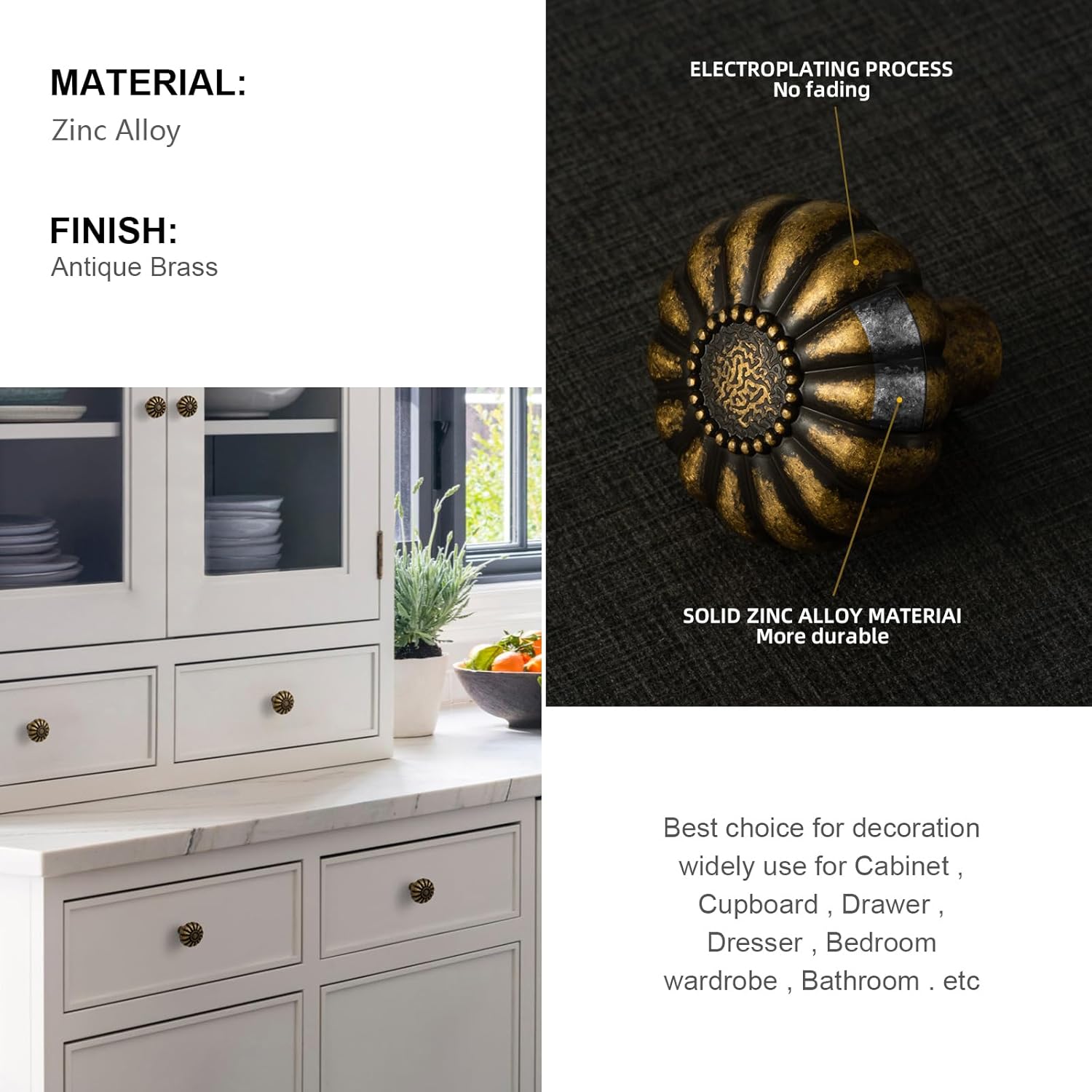 12 Pack Elegant Vintage Bloom Antique Brass Cabinet Knobs, Drawer Pulls for Kitchen, Dresser Cabinet Hardware for Bedroom, 1-1/4 Inches Diameter Handles