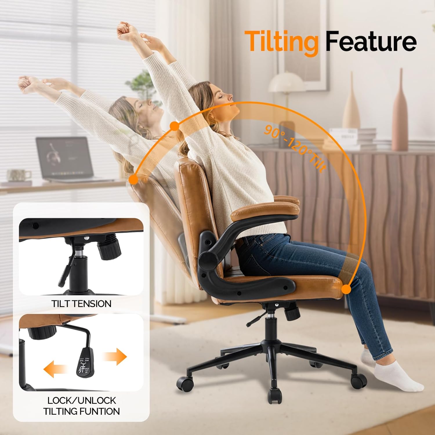 VINGLI Criss Cross Chair with Adjustable Flip-Up Arms,Cross Legged Chair with Wheels, Extra Wide Office Chair,Comfortable Desk Chair for Home Office, Vanity, Bedroom,PU Leather,Clay