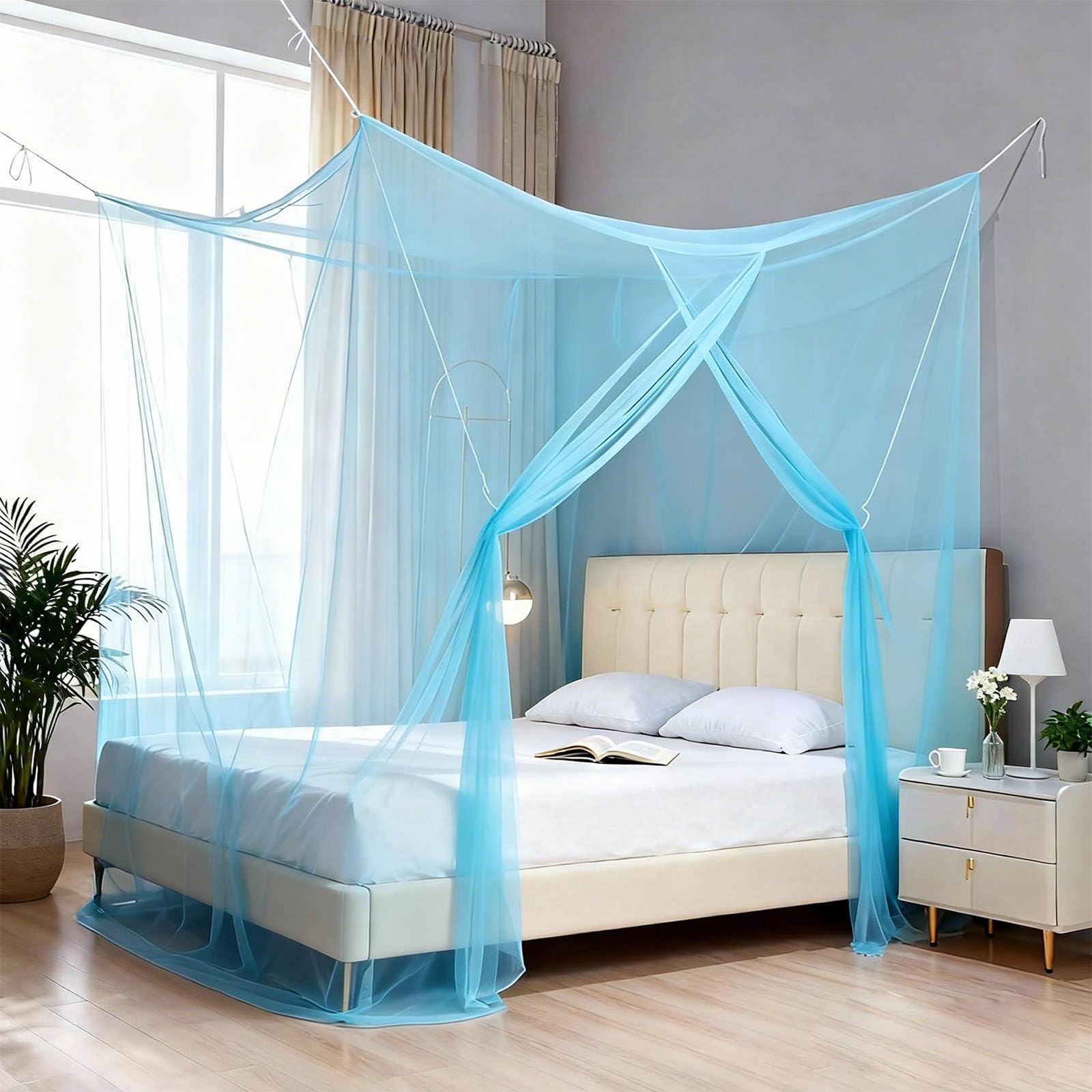 4 Corner Post Mosquito Net for Super King Size Bed, Single Opening Bed Canopy Curtains, Travel Camping Mosquito Netting for Insect Protection, Easy Install