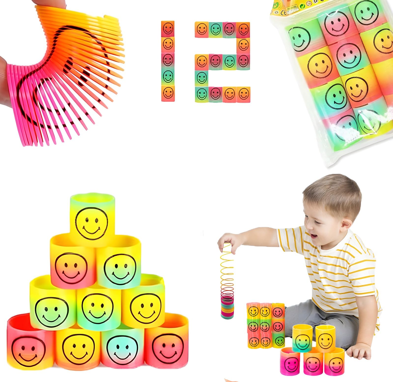 Find MineMini Rainbow Magic Springs 12 PCS Colorful Smiley Face Rainbow coil Spring Toy for boys and girl gift toys, Neon Plastic, Goodie Bag Filler for Kids.