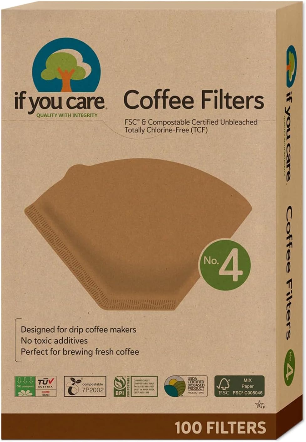 If You Care Coffee Filters No. 4 – Unbleached, Chlorine-Free Paper Filters, FSC Certified, Compostable