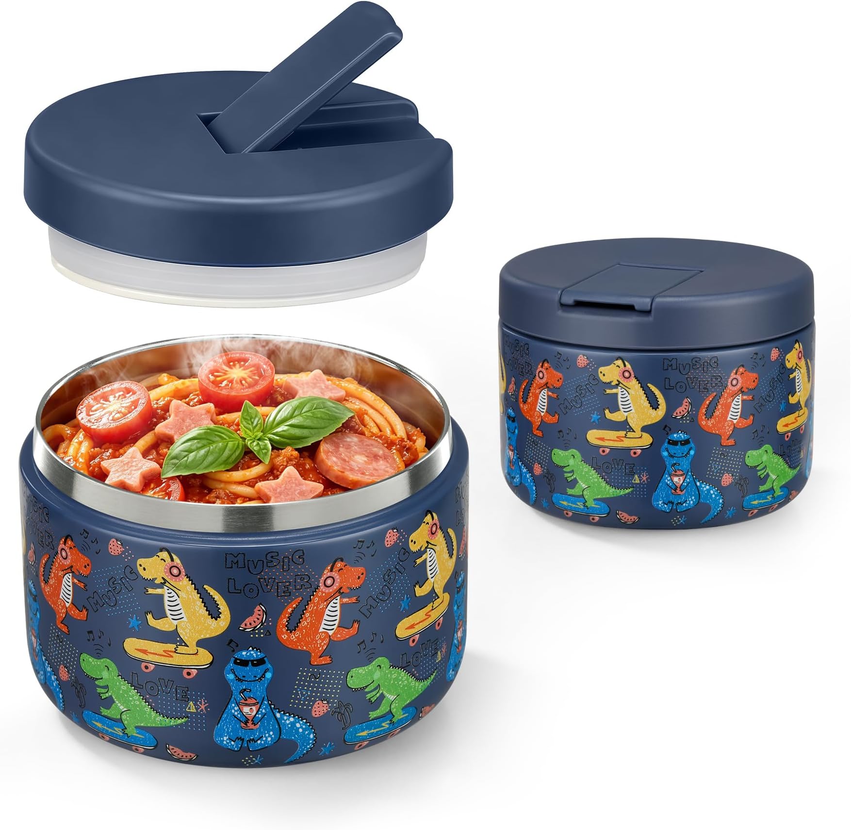 Pawtong 12oz Insulated Vacuum Food Jar with Buckle Lid Wide Mouth Soup Thermo for Hot Food Kids Leakproof Stainless Steel Lunch Container (Blue-Dinosaur)
