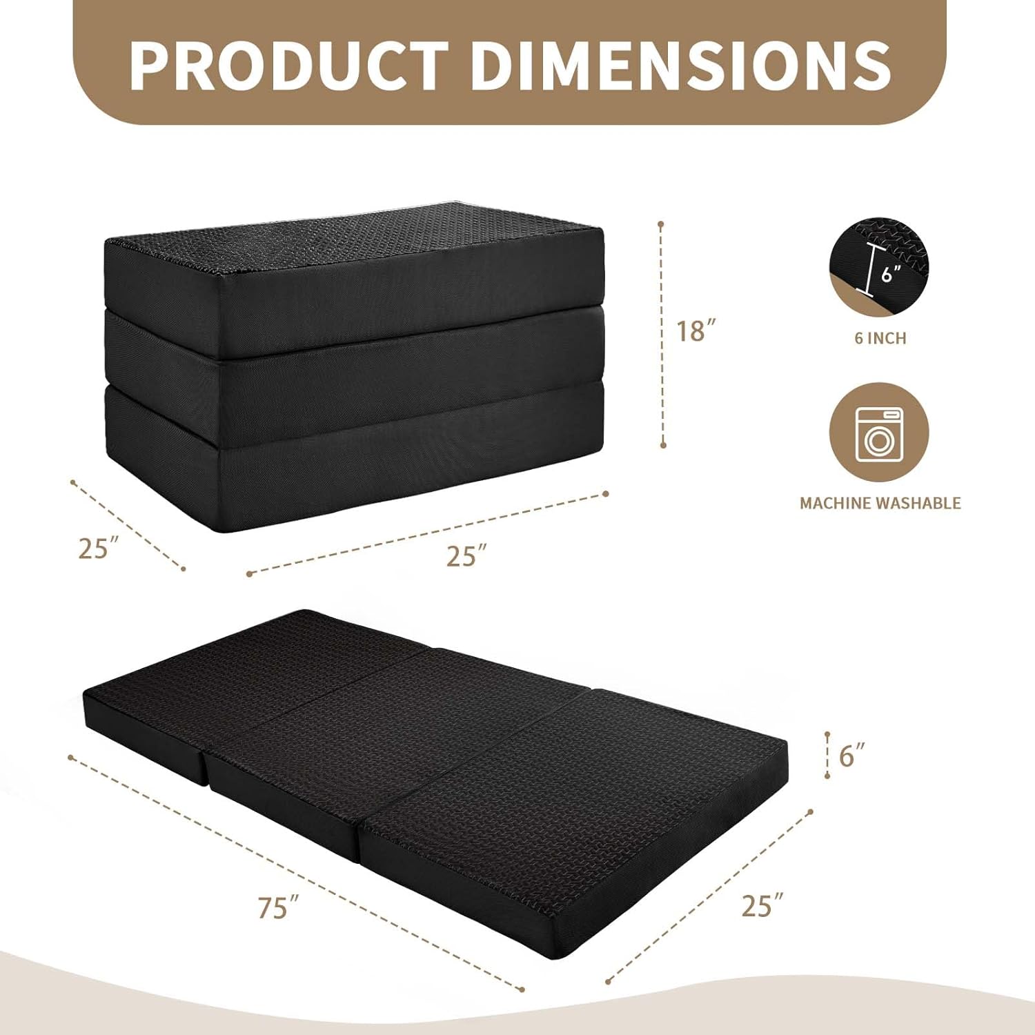 cymula folding mattress single size,6 inch memory foam tri-fold single floor mattress topper with breathable & washable cover,thick foldable mat for camping,naps and guests?black(25"×75"×6") single 6 inch-black