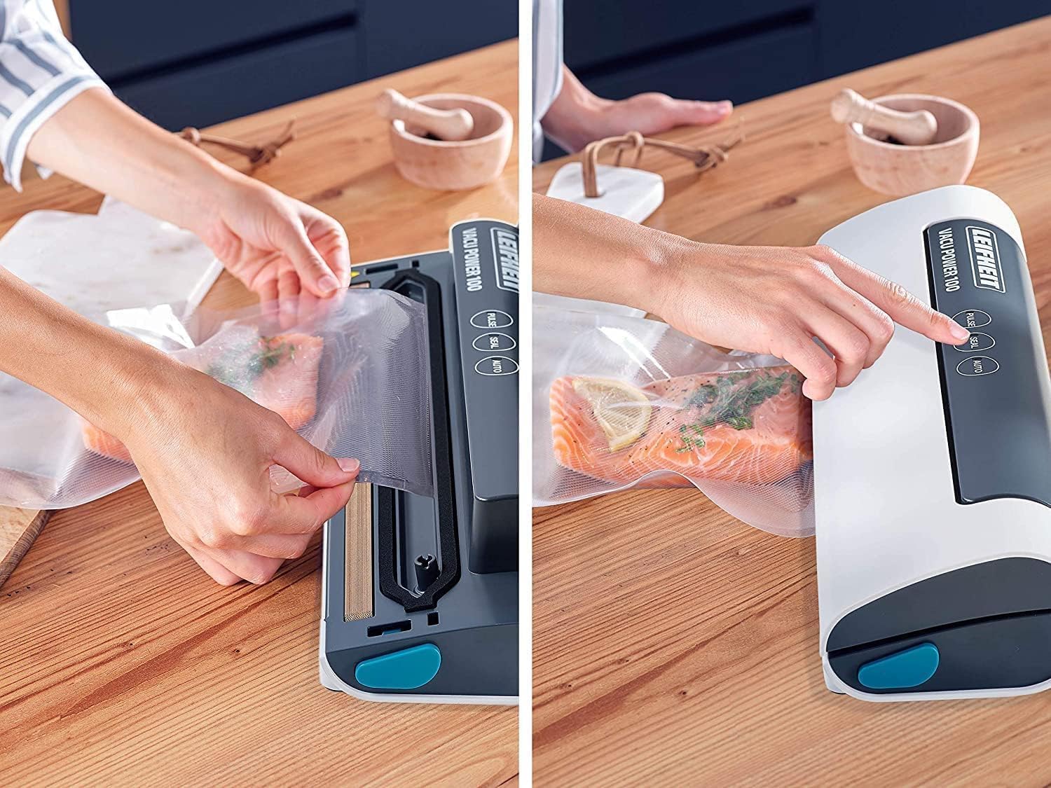 Leifheit Vacu Power 100 Vacuum Sealer for Preservation, Food Stays Fresh 8x Longer Ideal for Sous Vide Cooking, Foil Sealing Machine with 10 Vacuum Bags 20 x 30 cm