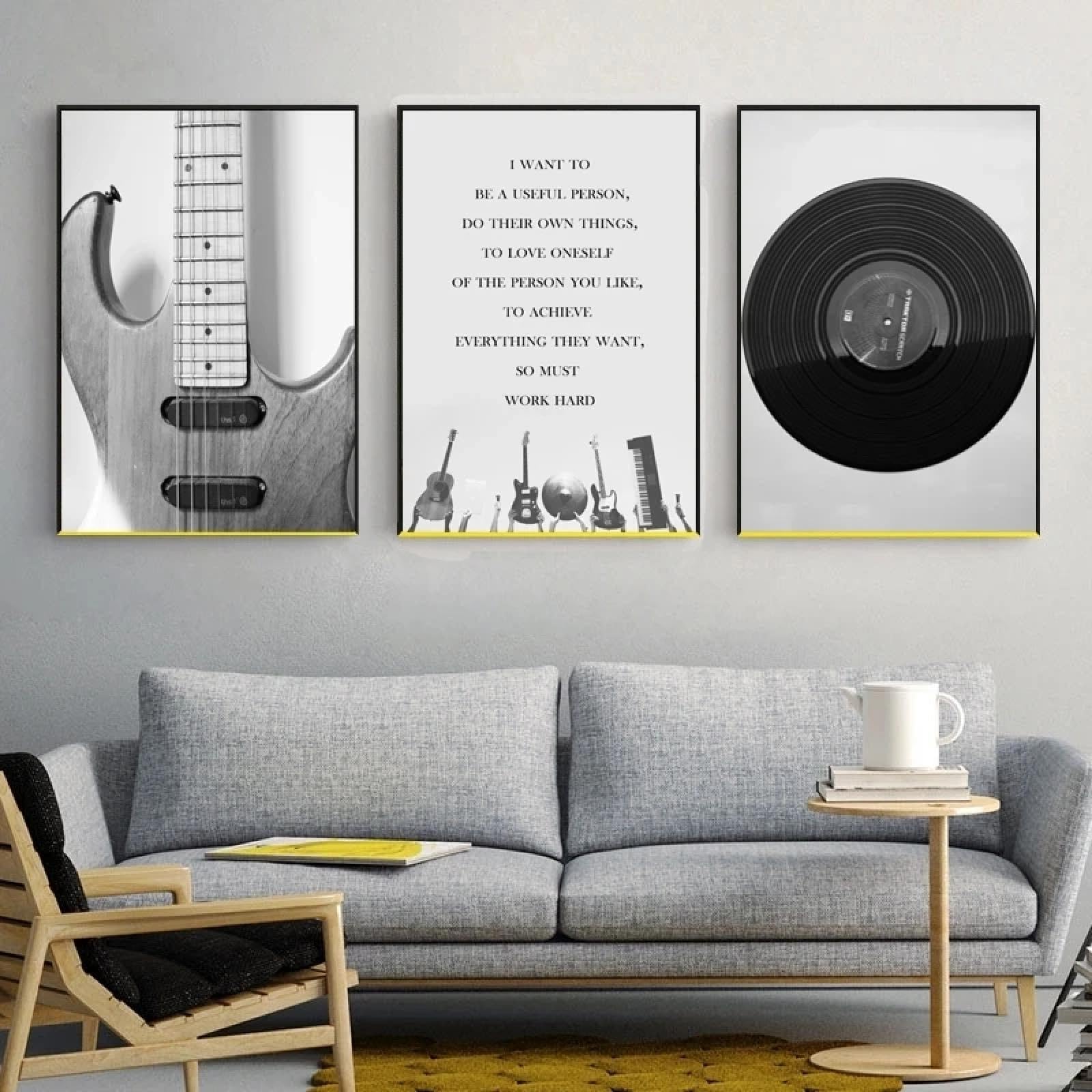 CHAOJIART Retro czarno-biała gitara i płyta CD top muzyka obraz płótno malarstwo plakaty wydruki nordycki wystrój domu sztuka ścienna do salonu 70 x 100 cm (71 x 99 cm) x 3 bez ramy
