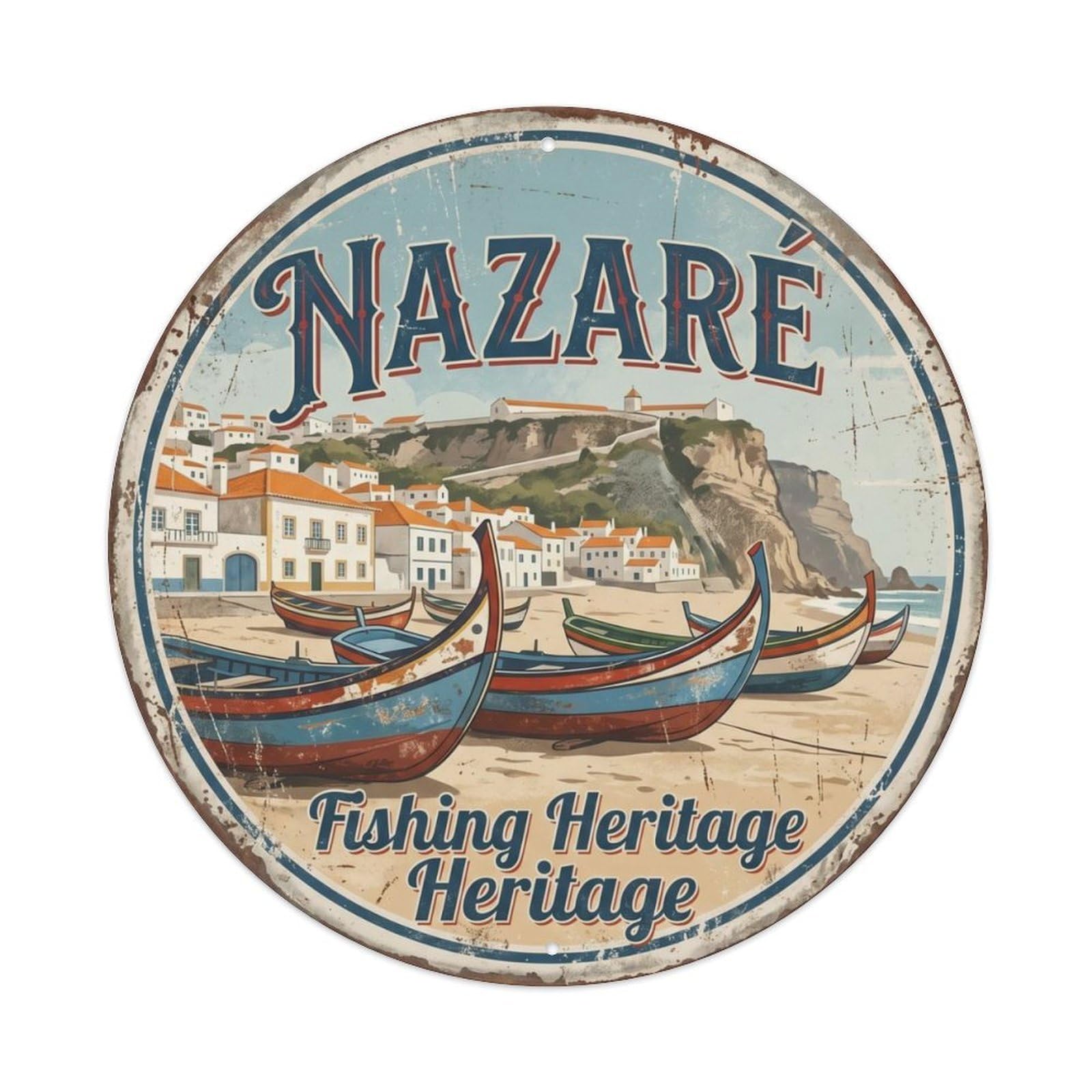 Vintage Travel Fishing Portugal Nazare Metal Tin Sign Plaque Wall Decor for Cafe, Club Bar, Office, Home Garden Round Metal Poster 8x8Inch