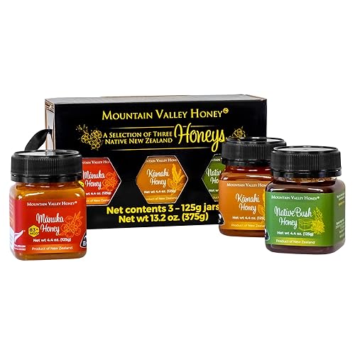 Mountain Valley - Juego de regalo de miel gourmet, caja de 3 con miel de manuka prémium MGO 83+, colección de miel natural pura, 3 macetas de miel