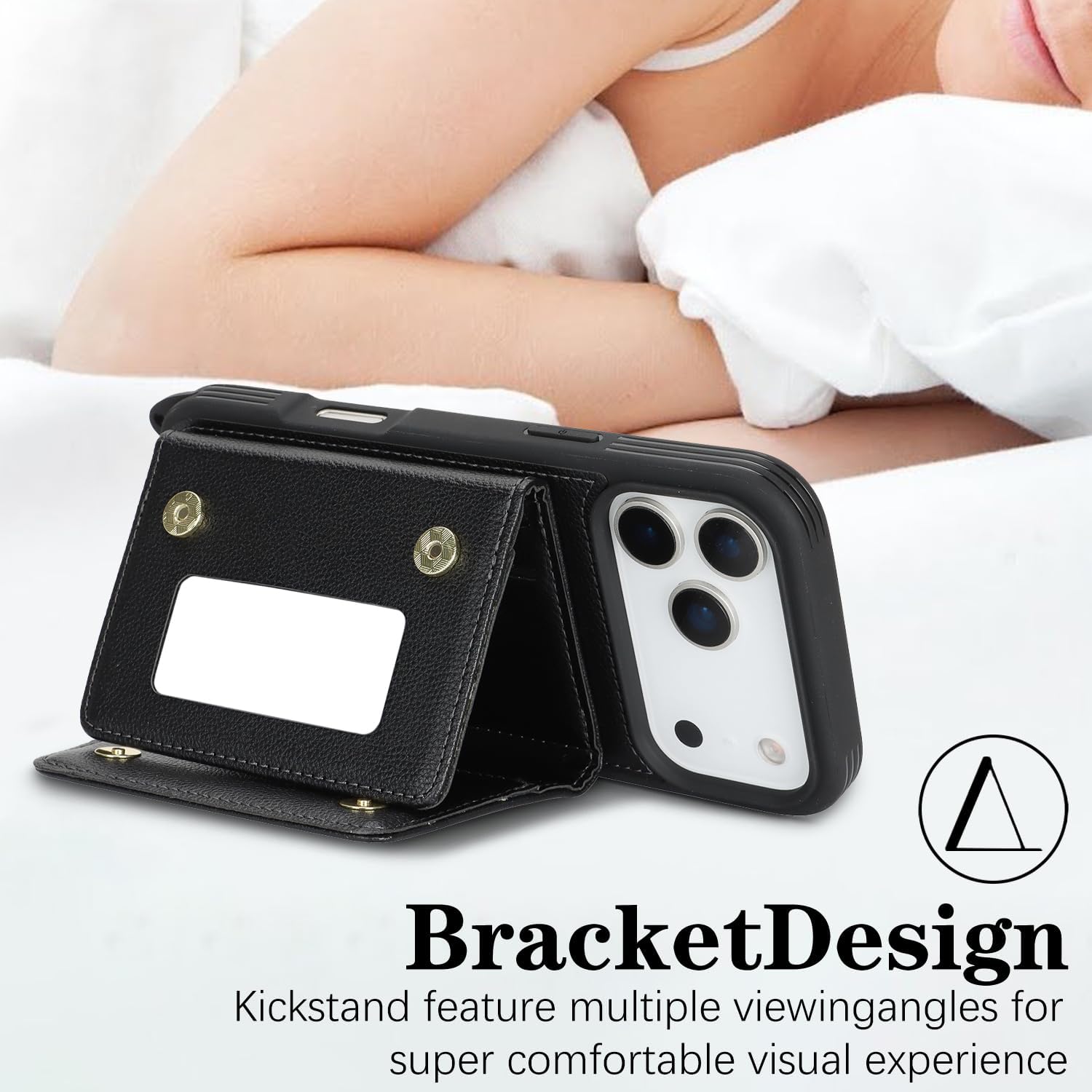 for iPhone 17 Pro Max Case with Card Holder and Strap for Women,Crossbody Lanyard, Make Up Mirror,Snap Clasp,Cute Phone Wallet Cases 6.9 inch - Black