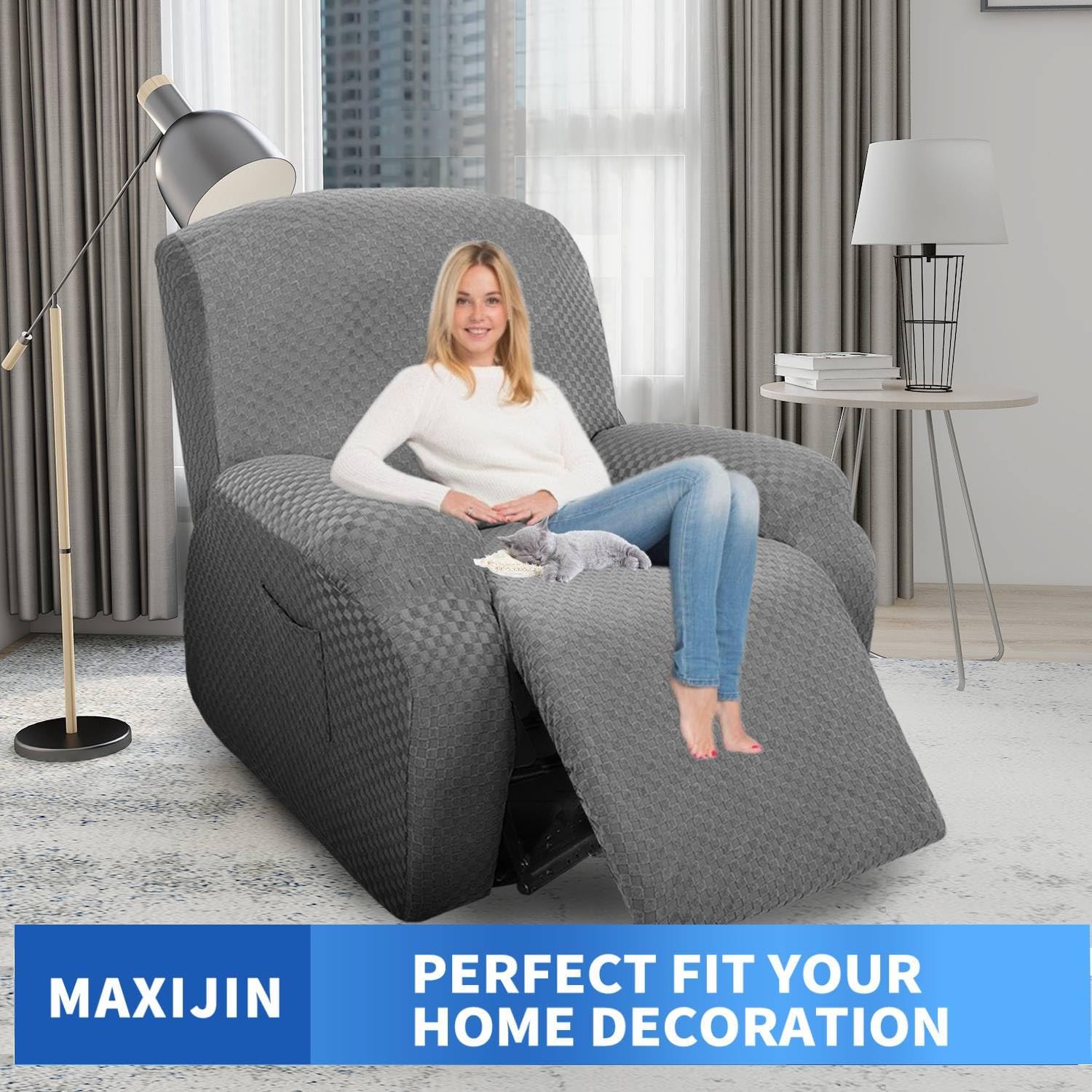 MAXIJIN Oversized Recliner Covers That Stay in Place 4 Pieces Stretch Large Recliner Chair Covers Jacquard Dogs Cats Proof Reclining Slipcovers with Elastic Bottom (XL Recliner, Light Gray) XL Recliner Light Gray