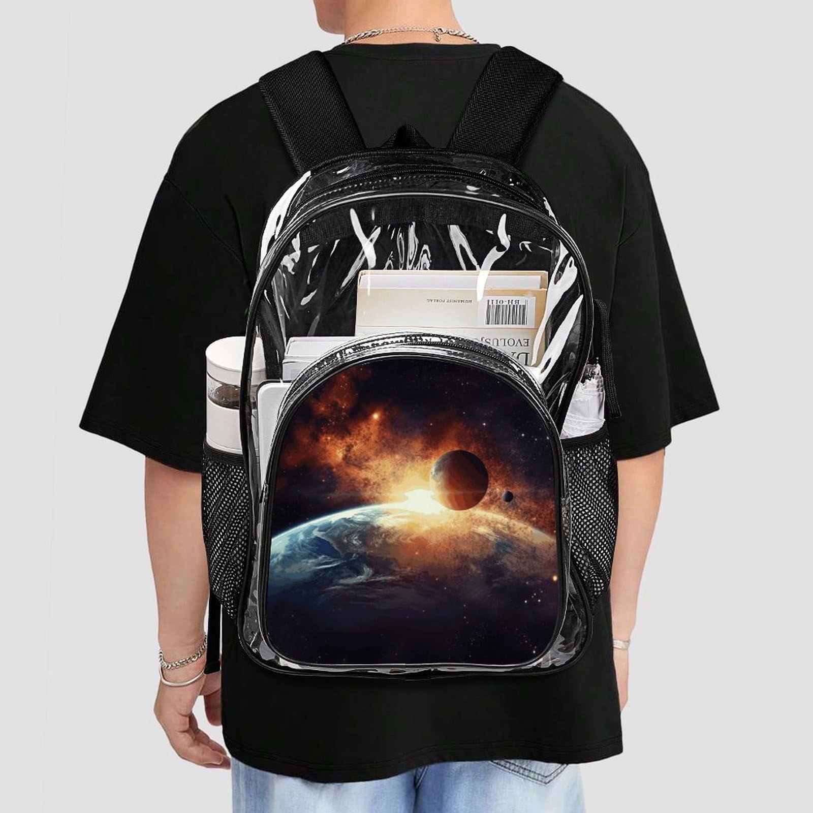 Sun And Earth Transparenter Rucksack, groß, transparent, PVC, Büchertasche für Sicherheit, Arbeit, Reisen, Stadion