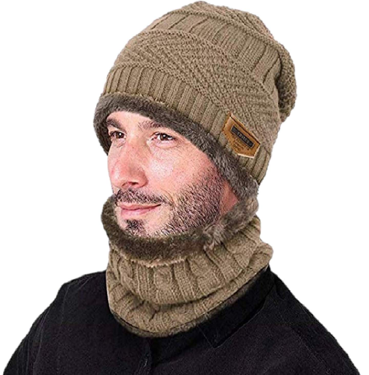 DevilPlatinum 2Pcs Men's Snow Proof Inside Winter Warm Fleece Fur Wool Beanie Cap with Muffler | Neck Warmer Set Knitted Hat Thick Fleece Lined Winter Hat , Scarf Set (Light Khaki, Free Size)