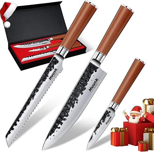 Huusk Juego de 3 cuchillos de cocina japoneses, juego de cuchillos de chef profesionales para cocina, juego de cuchillos de cocina afilados con pan,