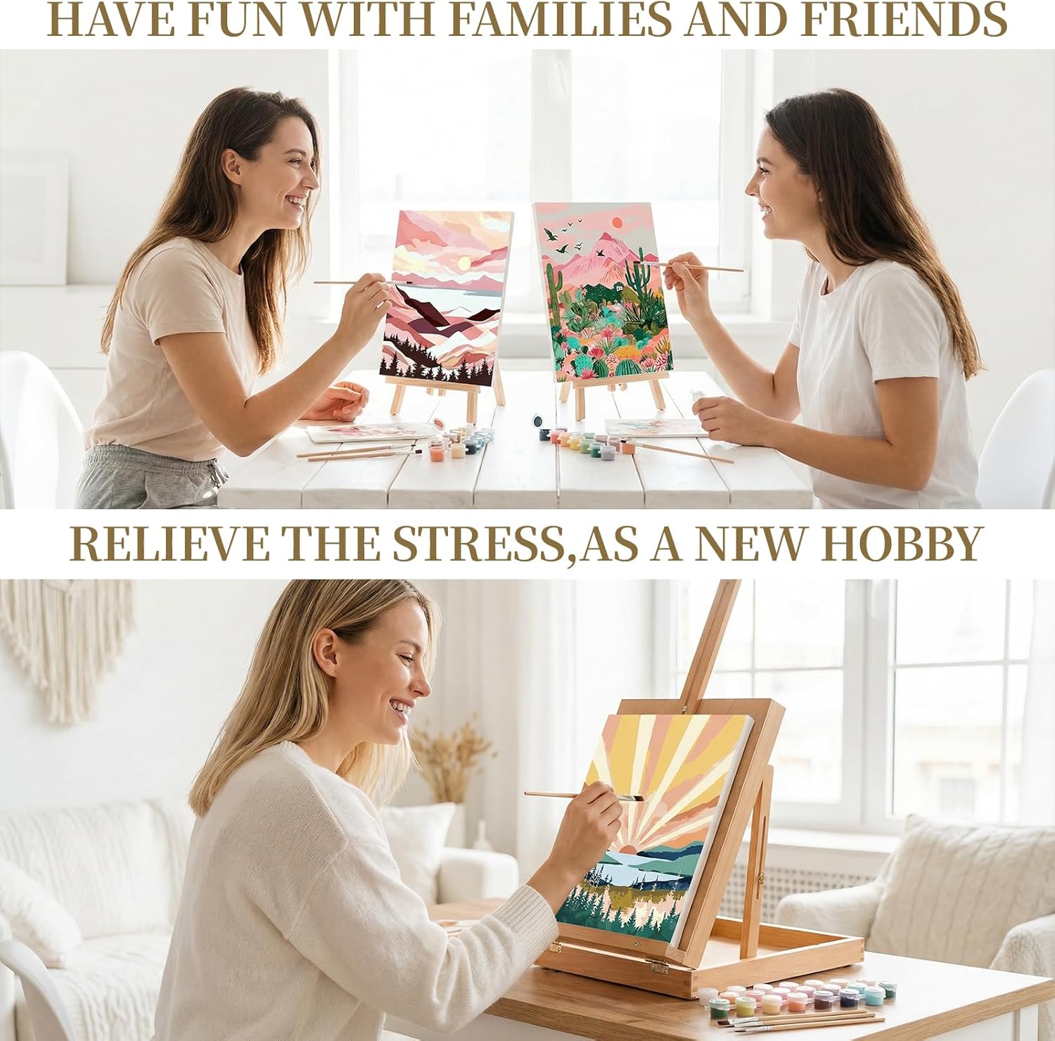 Ninonly Paint by Numbers Kit for Adults with Framed Canvas 4 Pack, Sunrise Paint by Number Arts Kits for Beginner with Wooden Easel, Acrylic Set, Brushes for Home Decor, 9 * 12 Inch