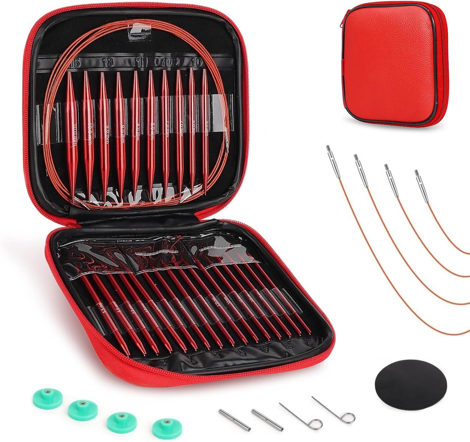 Interchangeable Knitting Needle Set with Circular Cable for Crafters, 13 Circular Knitting Needles with 4 Cables for Beginner, DIY Crafts, 3-10 mm Aluminum Red Needle Set