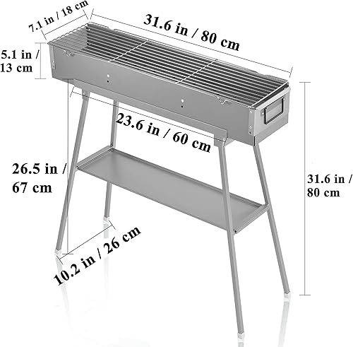 Miniatura 3 de Parrillas de carbón portátiles, parrilla de barbacoa de acero inoxidable con soporte plegable rejillas de ventilación ajustables, brocheta de