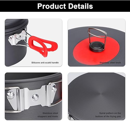 Miniatura 11 de Alocs Utensilios de cocina para camping, juego de cocina de campamento de aluminio, juego de ollas y sartenes portátiles para acampar, kit esencial