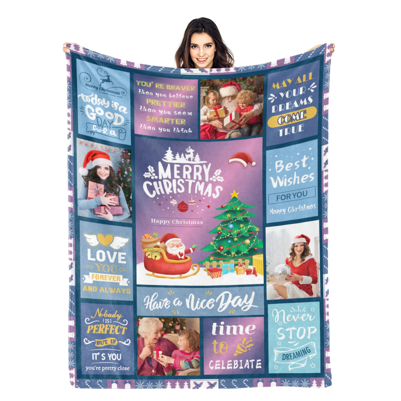 Kendt Personalised Christmas Blanket with Photos,Christmas Decorations,Xmas Gifts Fleece Cozy Fluffy Christmas Warm Gifts for Women,Sister,Mum,Grandma Xmas Decorations (BluePurple Blanket)