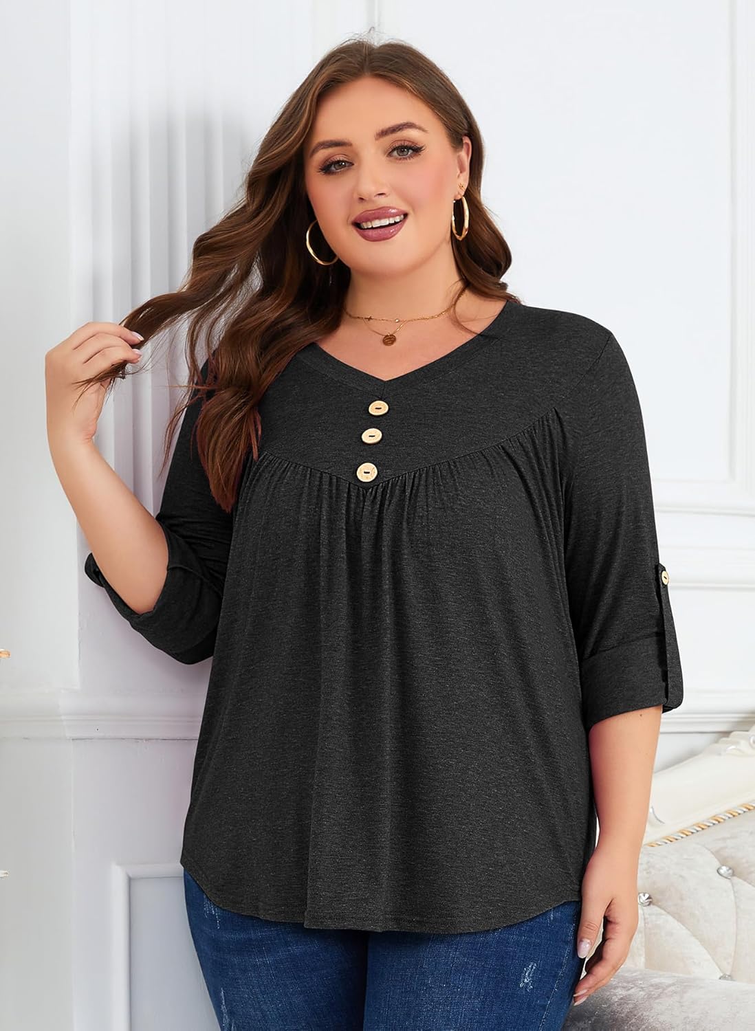 Siddhe Womens Plus Size Tops 3/4 Ruffle Sleeve Loose Fit Blouses Button Square Neck Shirt Casual Pleated Tunic Tops(1X-5X) - Image 5