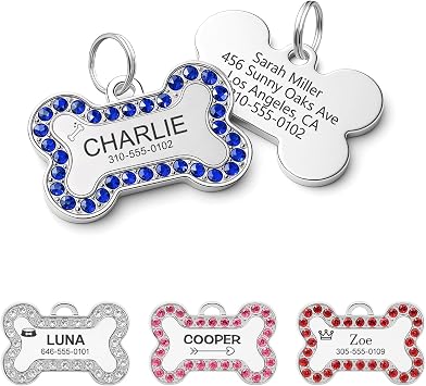 Dog Tags Personalized - Dog Tag with Any Text, Stainless Steel Dog Tags for Pets in Four Colors, Diamond-Encrusted ID Tags for Dogs, Custom Name Tags for Pet Collars Bone, Blue