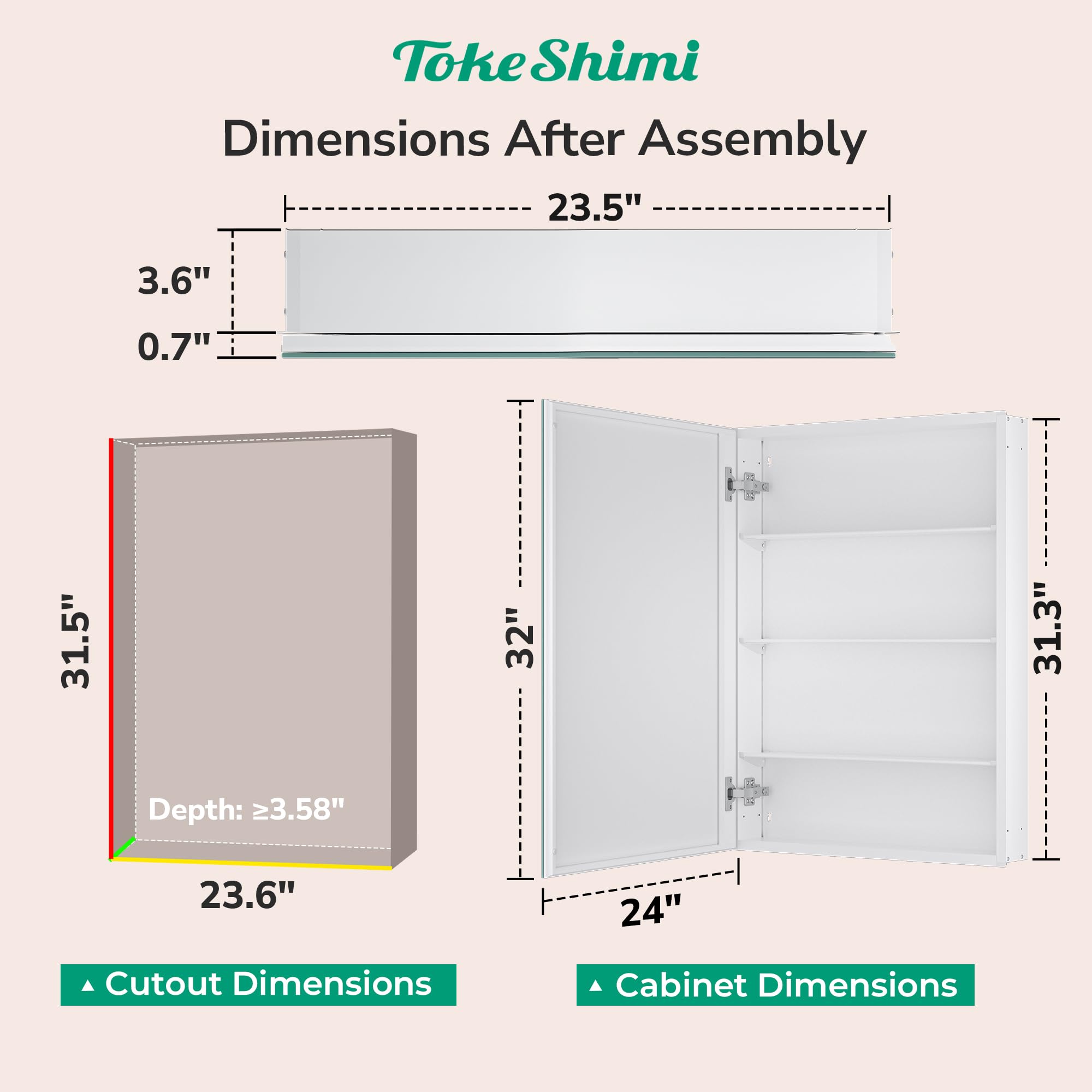 TokeShimi Botiquín de 24 x 32 pulgadas con espejo empotrado o montaje en pared, botiquín de baño de aluminio templado blanco con espejo con almacenamiento ajustable continuo de metal para casa de