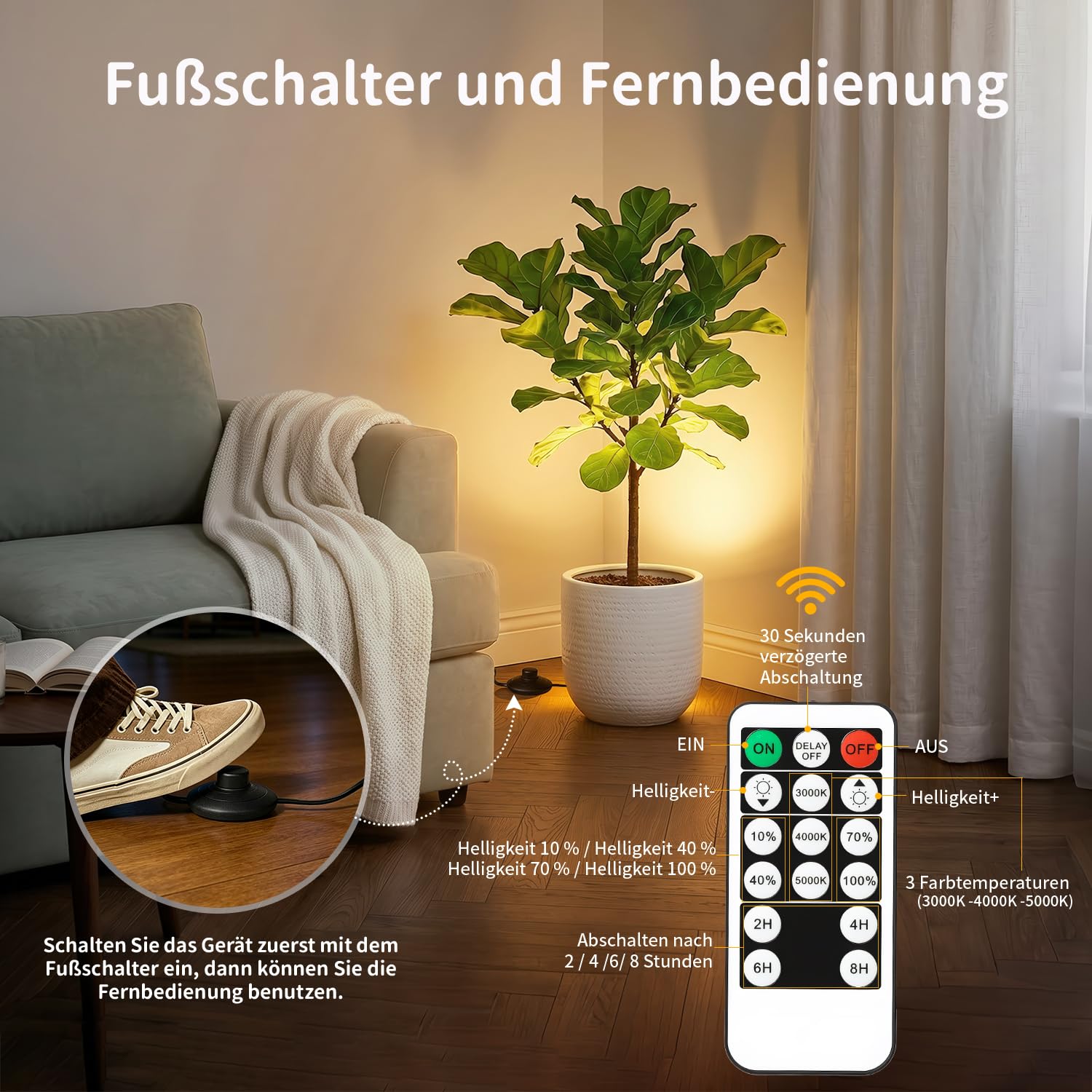 LED Bodenstrahler Innen 2er Set mit Fernbedienung & Fußschalter, Uplight Spot Dimmbar 3 Farbtemperaturen 10-100%, Timerfunktion, als Deko Lampe Wohnzimmer Schlafzimmer Flur, Geschenkidee für Familie