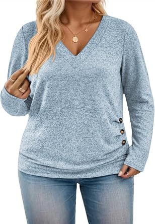 ROSRISS Plus-Size-Tops for Women Casual Long Sleeve Shirts Loose Fit V Neck Button Blouses Dressy Pullover Tunics XL-5XL