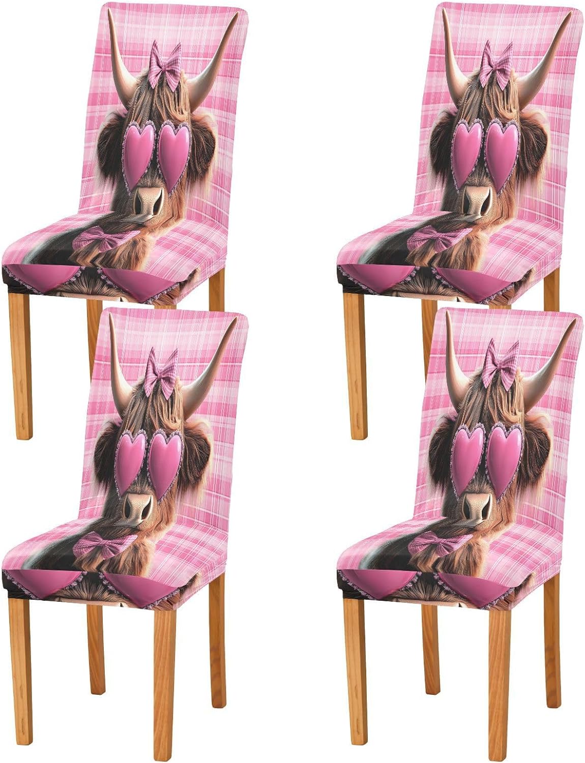 ALAZA Chair Covers for Dining Room, Pink Bows Highland Cow Stretch Chair Cover Sets Chair Protector Removable Washable for Ktichen Restaurant Hotel