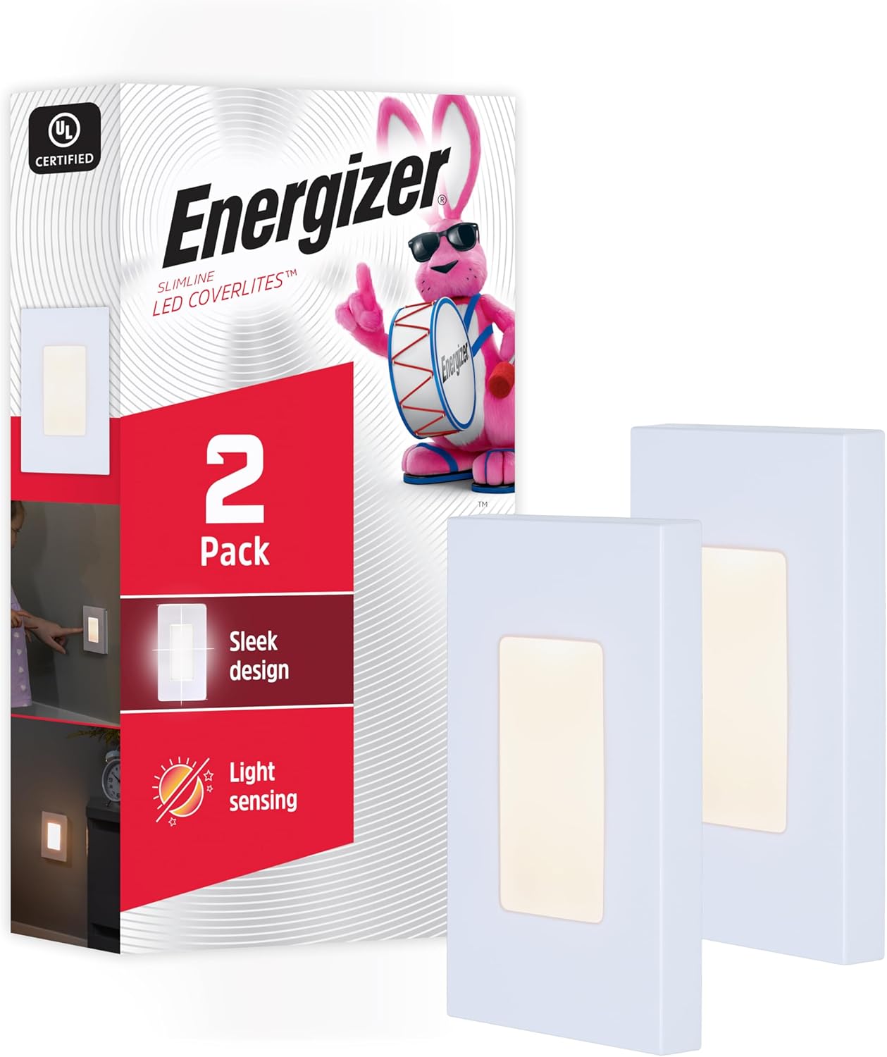Energizer Slimline CoverLite LED Night Light, Plug-in, Dusk to Dawn, Modern Outlet Cover, UL Certified, Ideal for Bedroom, Nursery, Bathroom, Hallway, 85621, 2 Pack