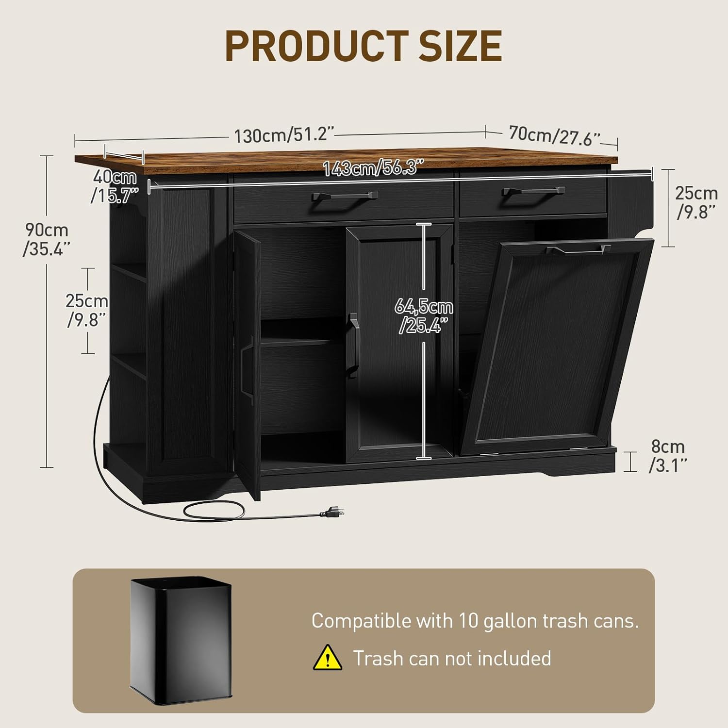 RALGEND Kitchen Island with Power Outlet & Drop Leaf, Rolling Storage Cart with Trash Storage Cabinet, Farmhouse Mobile Island Table for Kitchen, Dining Room, Hidden Casters, Black and Rustic Brown