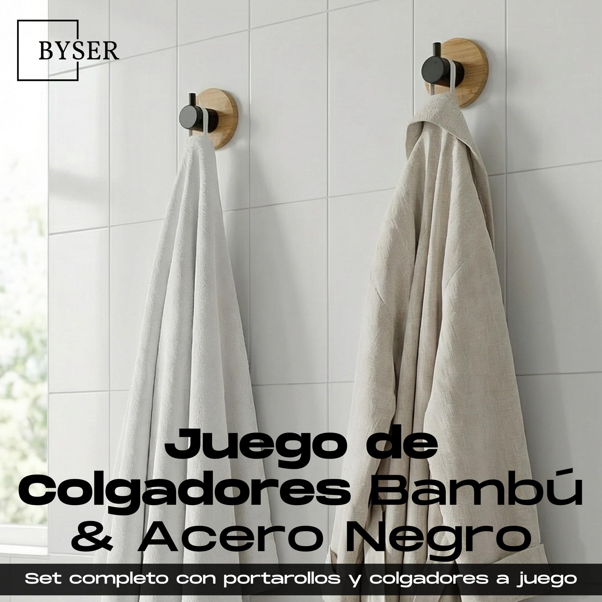 BYSER Portarrollos Papel Higienico Adhesivo con Repisa + 2 Ganchos. De Acero Inoxidable Negro y Bambú. Soporte para Papel Higienico Pared sin Taladro, con Accesorios Baño Modernos - 4