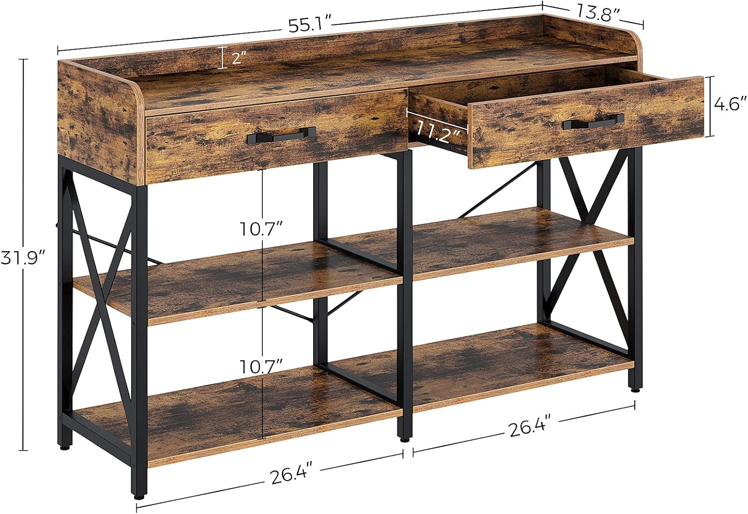 Rolanstar Console Table with Drawers and Shelves 55”, Entryway Table with Storage Sofa Table with Stable Metal Frame for Living Room,Hallway and Front Hall, Farmhouse Style, Rustic Brown