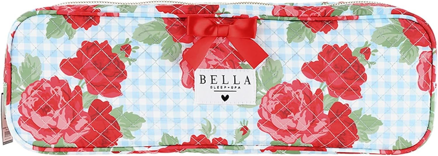 Bella Sleep + Spa Quilted Hair Tool Travel Bag, Heat Resistant Hair Styling Accessories Storage Case, Padded Straightener & Curling Iron Carrier, 15.5"x 5"x 3", Blue Gingham + Red Roses image 2