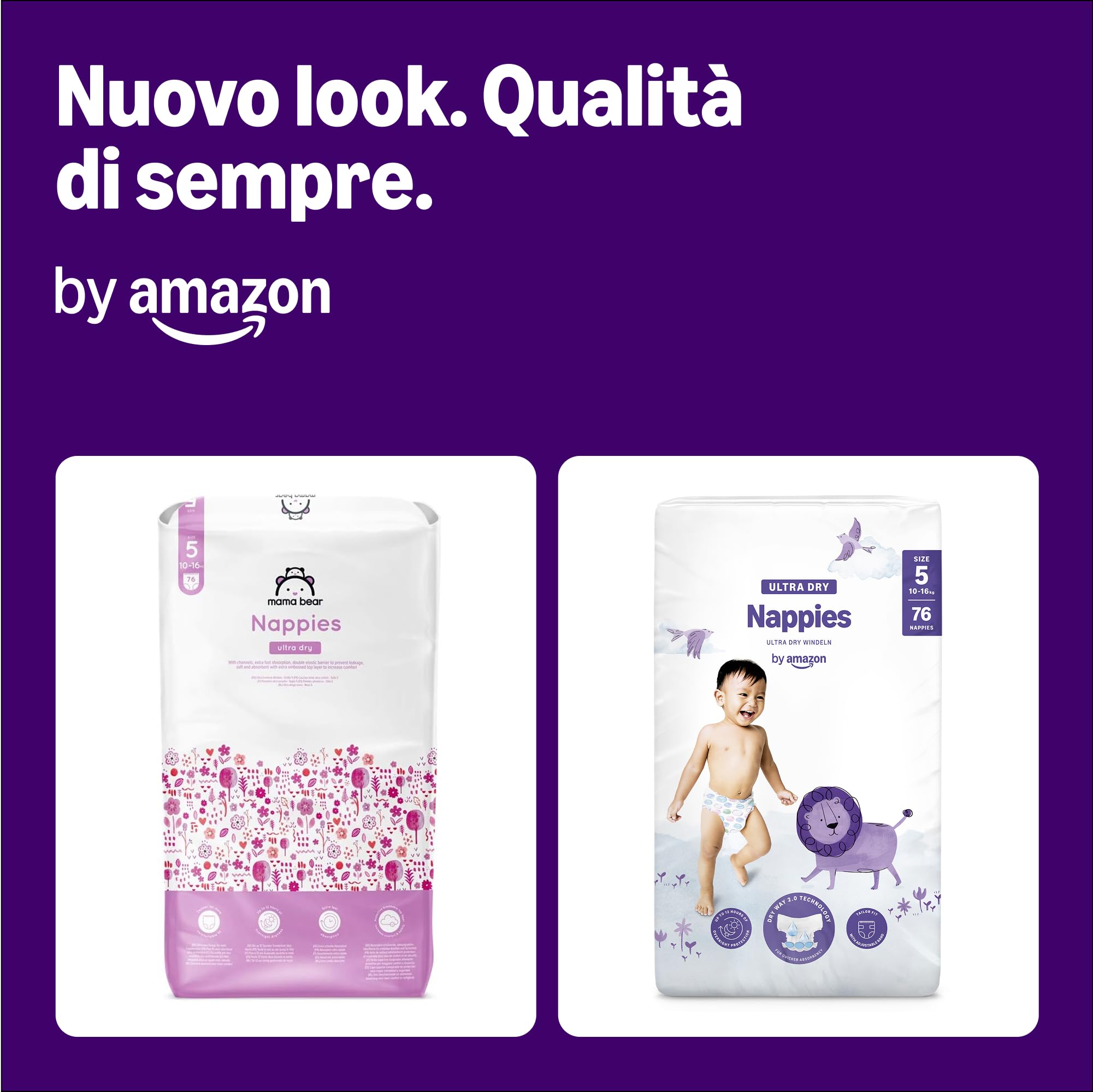 By Amazon Pannolini ultra asciutto, Taglia 5 (10-16 kg), Con canali d'areazione, Bianco, 152 Unità (2 confezioni da 76) - Nuova versione (Precedentemente un marchio Mama Bear brand, stesso prodotto)
