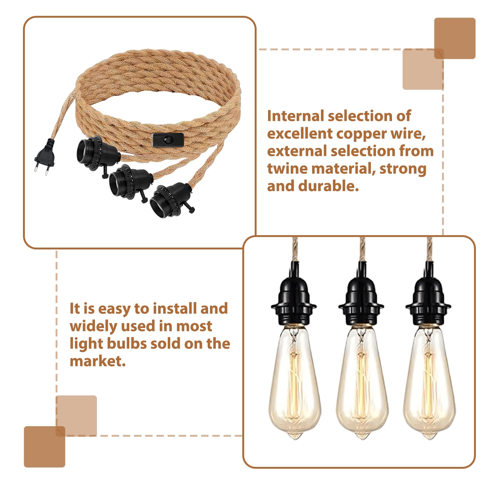 Lampa wisząca z liną konopną: E27 oprawa lampy wisząca z wtyczką, 3-punktowa lampa wisząca w stylu vintage, 3-punktowa oprawa lampy z kablem 6,8 m z przełącznikiem, lina konopna, przemysłowa