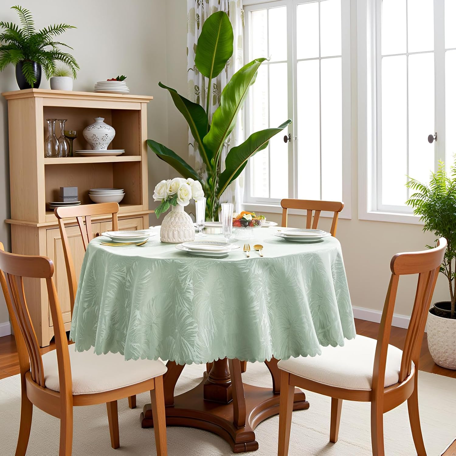 Round Tablecloth 60 Inch Table Cloth Green Leaves Pattern Scalloped Edge Silky Soft Fabric Waterproof Wrinkle Free Washable Table Cover for Kitchen Dining Party Banquet Patio Decor