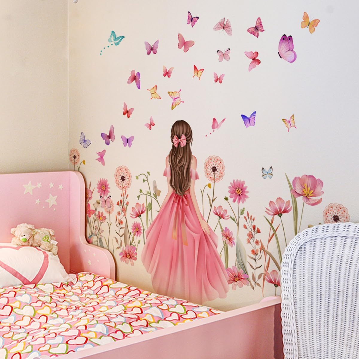 Girl with Butterflies and Flowers Wall Decal Sticker | Kids Room Decor, Removable Vinyl, Pink Floral Design, Easy Application, Girls Bedroom-image-46