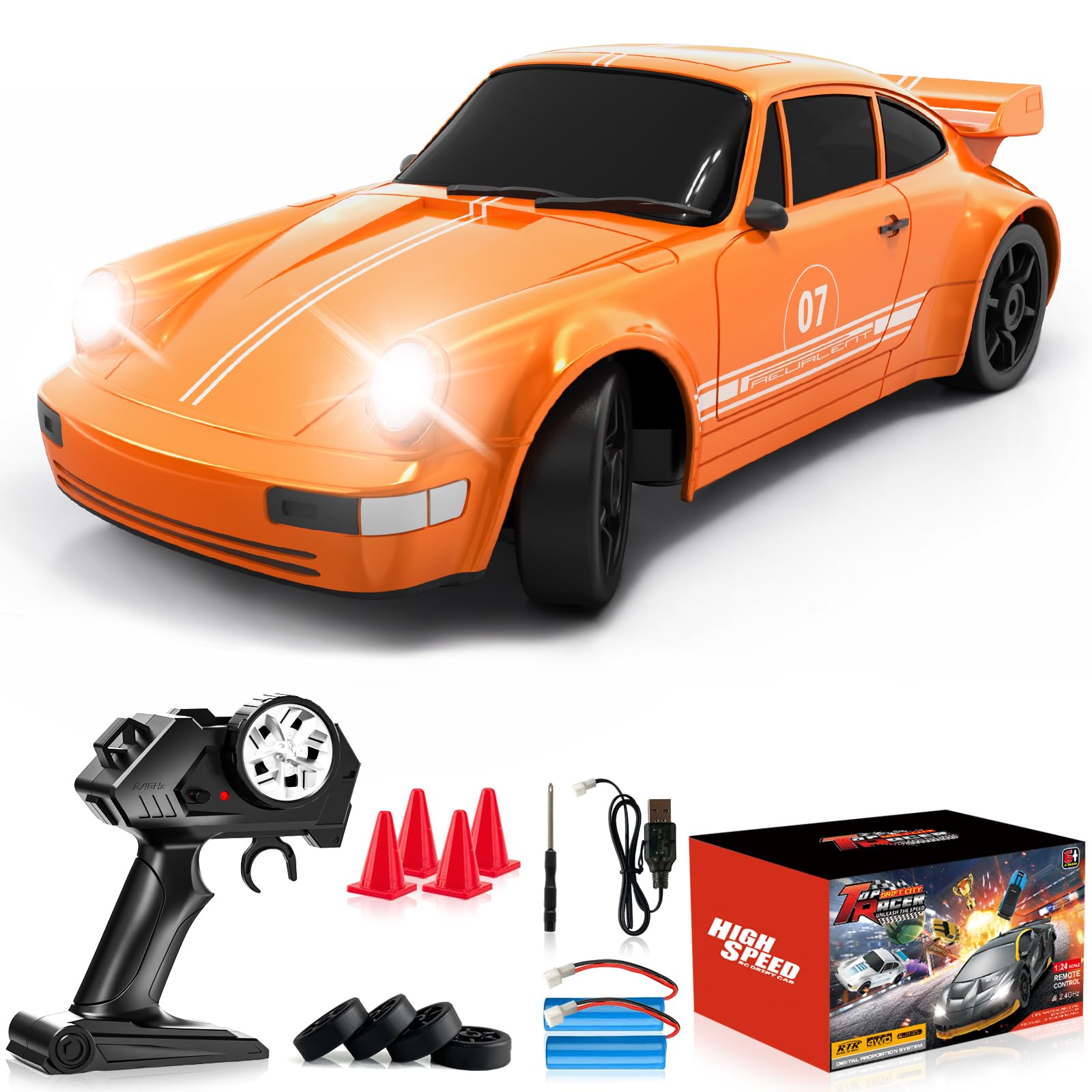 EversaleT RC Drift Car Remote Control Car 2.4GHz 1/24 4WD 15KM/H High Speed Racing Sport with LED Lights Drifting Tire Racing Sport Toy for Adults Boys Girls Kids Gift 2Pcs Rechargeable Batteries