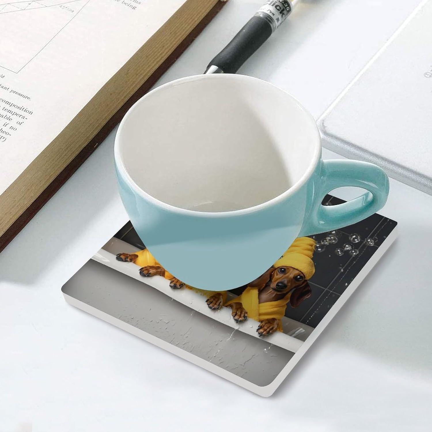 Dachshund Bathing in Bathtub Ceramic Coasters Square Drinks Coaster Coffee Table Decor Table Coaster for Home Bar