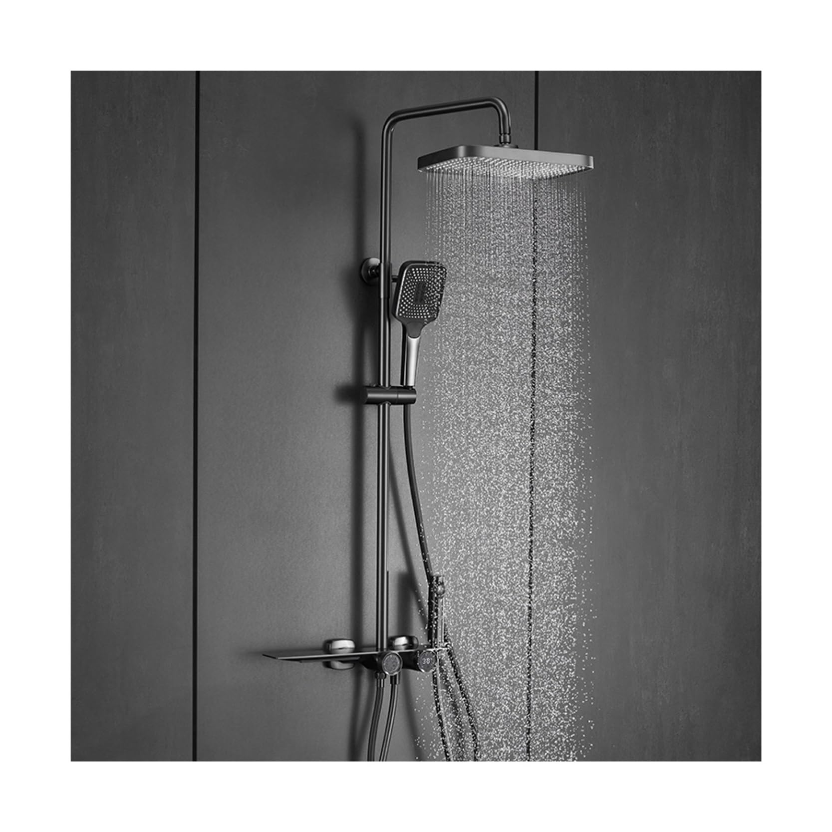Doccia da Bagno in Ottone Grigio Canna di Fucile di Lusso, Design del Display Digitale, Uscita Acqua a Cascata, Rubinetto Doccia a Doppio Comando Freddo e Caldo(Matte Black)