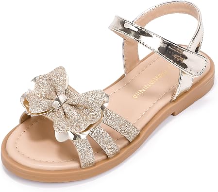 PANDANINJIA Girls Sandals, Open Toe Cute Bow Princess Girls Flats, Sparkly Summer Dress Shoes Sandals for Toddler/Little Kid/Big Kid