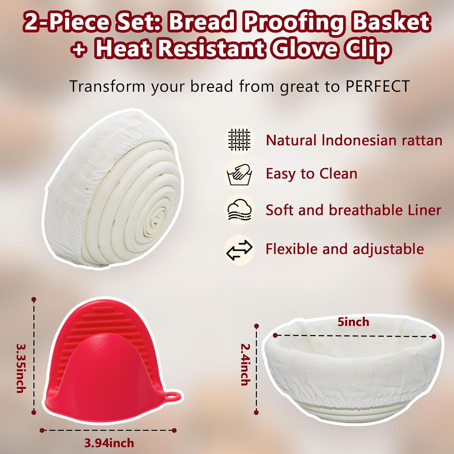 Cast Iron Bread Pan with Lid, Double Dutch Oven for Sourdough Bread Baking, 2 Round Loaf Compartments + 2Pack 5-Inch Baking Bowls and 2 Anti-Scald Clips, Oven Safe to 500°F, Dutch Oven Dark Red