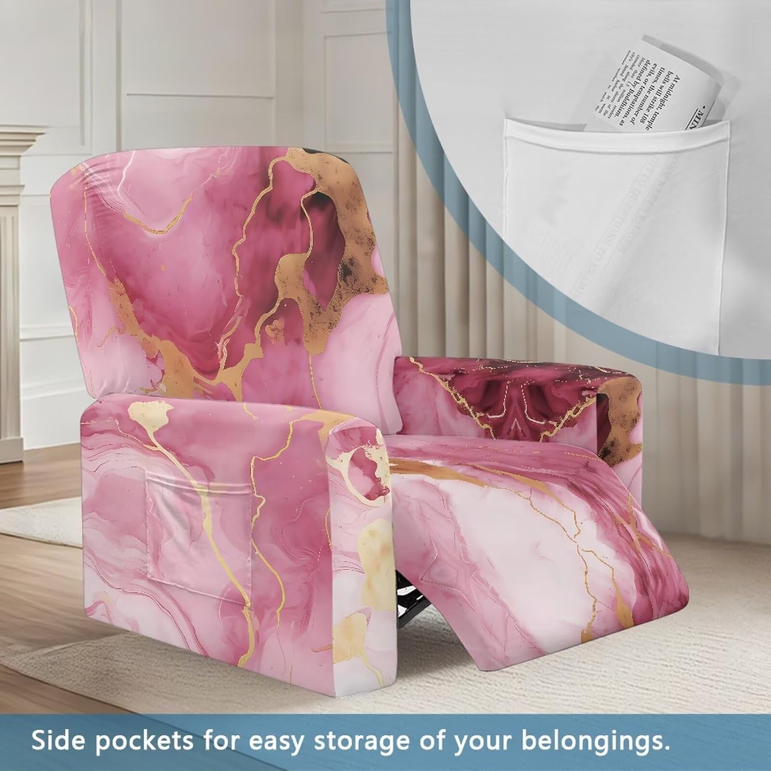 FOR U DESIGNS Pink Marble Breathable Recliner Slipcovers Stay in Place for Small Recliners Soft Stretch Sofa Covers with Side Pockets Easy Install Scratch Proof
