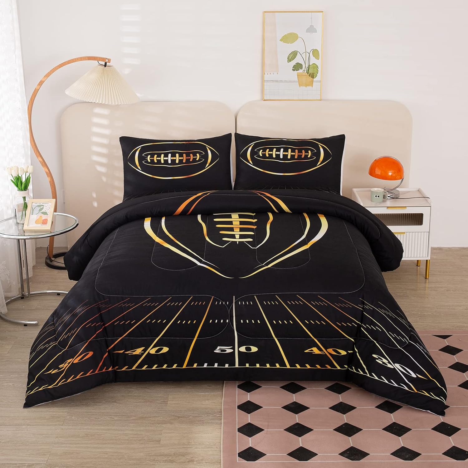 MWMWMW Sports Comfort Sets for Boys, Black and Gold Football Bedding Set, 2-Pieces Boys Football Comforter Twin with 1 Matching Pillowcase for All Season