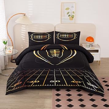 MWMWMW Sports Comfort Sets for Boys, Black and Gold Football Bedding Set, 2-Pieces Boys Football Comforter Twin with 1 Matching Pillowcase for All Season