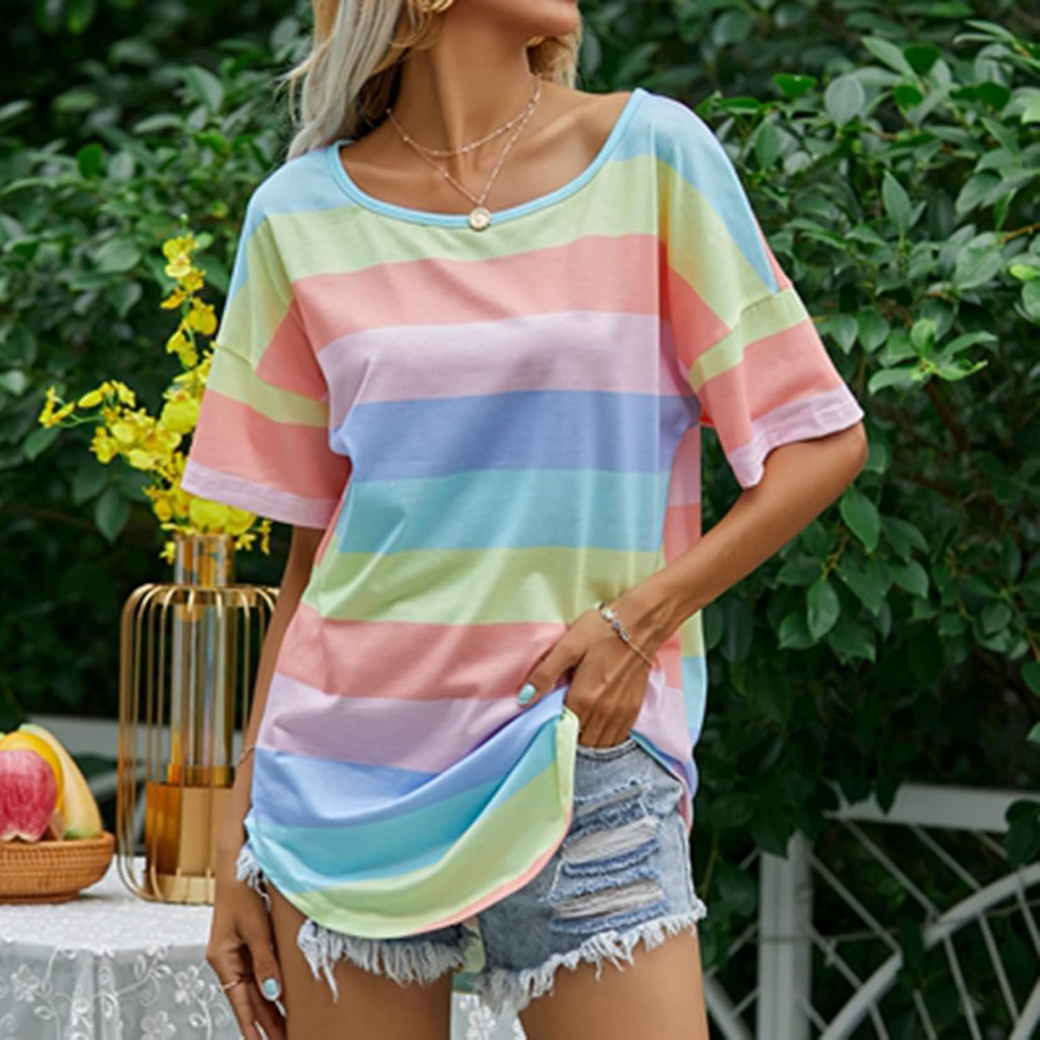 Lu's Chic Women's Short Sleeve Tops Striped Casual T Shirts Summer Rainbow Printed Loose Tee Ladies Cotton Scoop Neck Tunic T-Shirt Comfy Blue X-Large